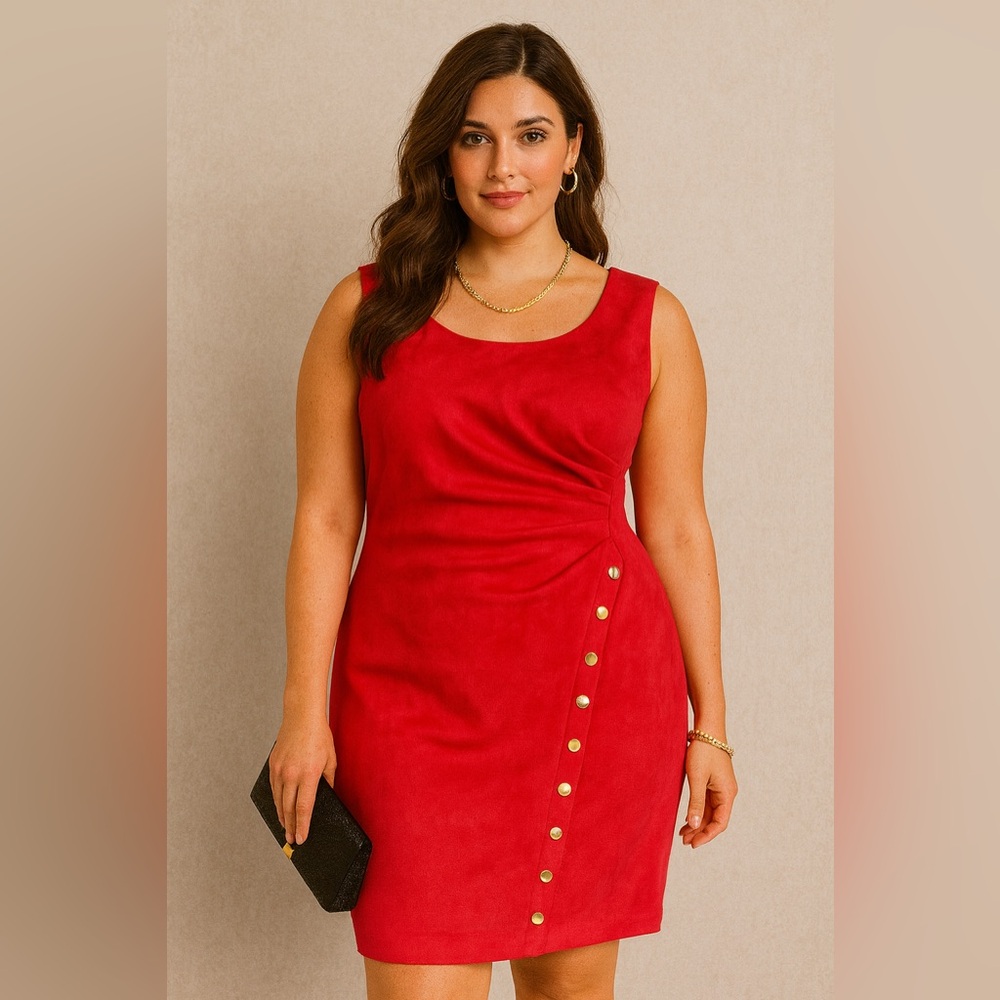 Shelby & Palmer Red Midi Dress with Gold Button Accents